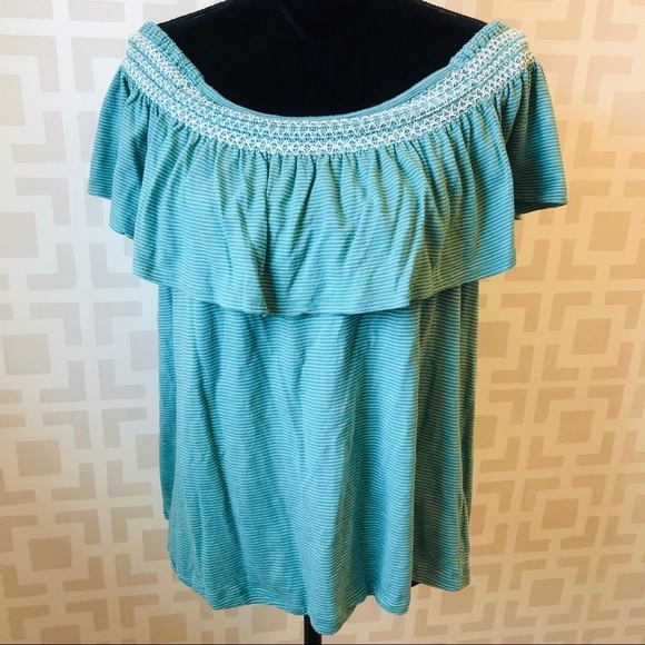 Dalia Off Shoulder Top Green Stripe Embroidered size L - Picture 3 of 4